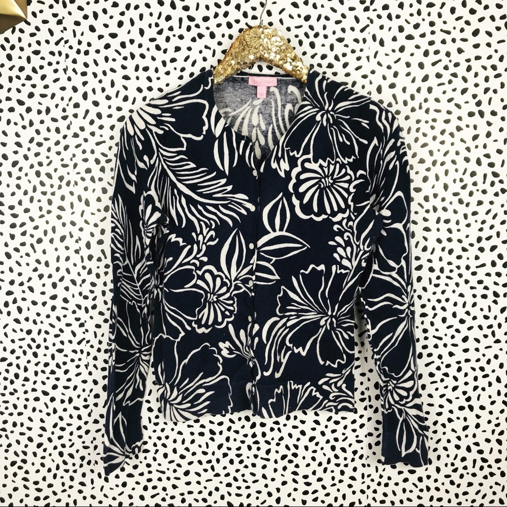 Lilly Pulitzer Navy Blue white floral cardigan
